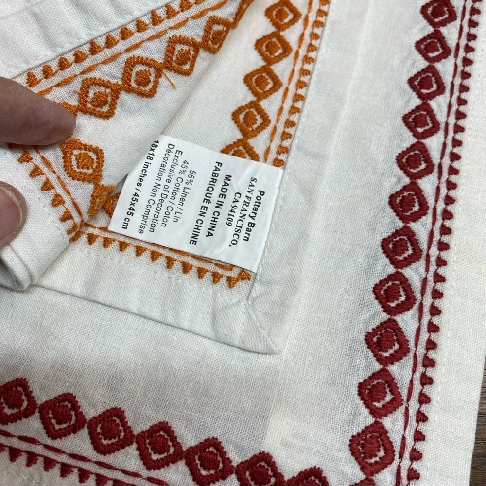 Vintage Pottery Barn (4)‎ Linen Cotton Napkins White Embroidered Border 18x18